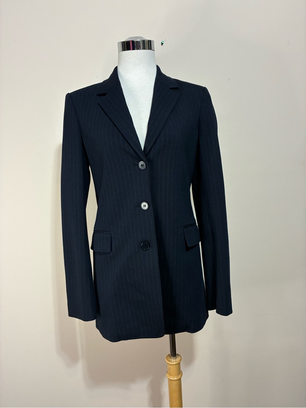 Theory Women’s “Cardinal”Long Navy Pinstripe Blazer Jacket
